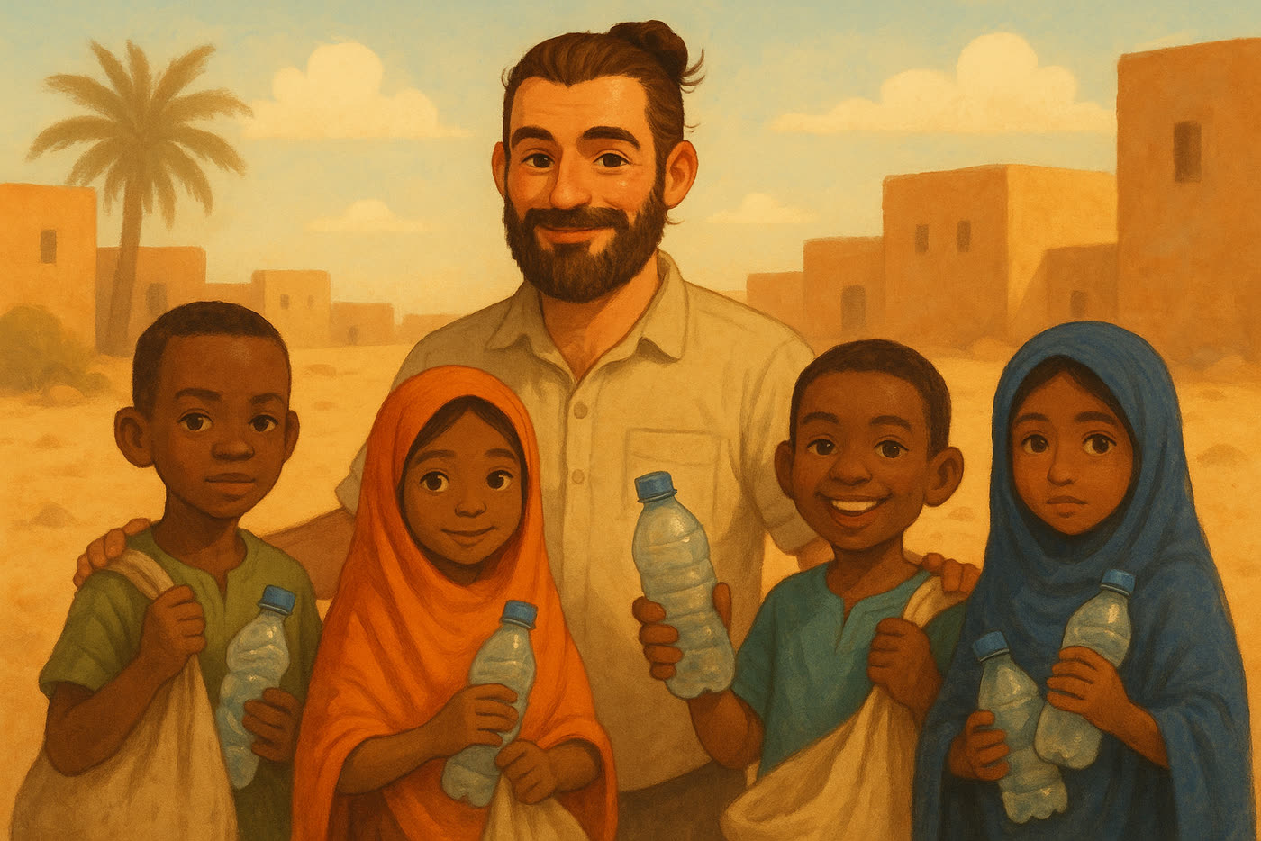 Geoffrey met kinderen en inzameling van plastic flesjes